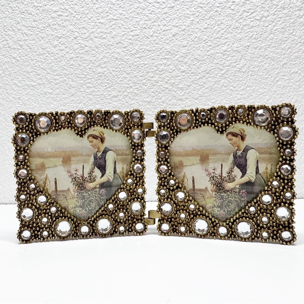 Ornate Metal Brass Double Heart Folding Picture Frame